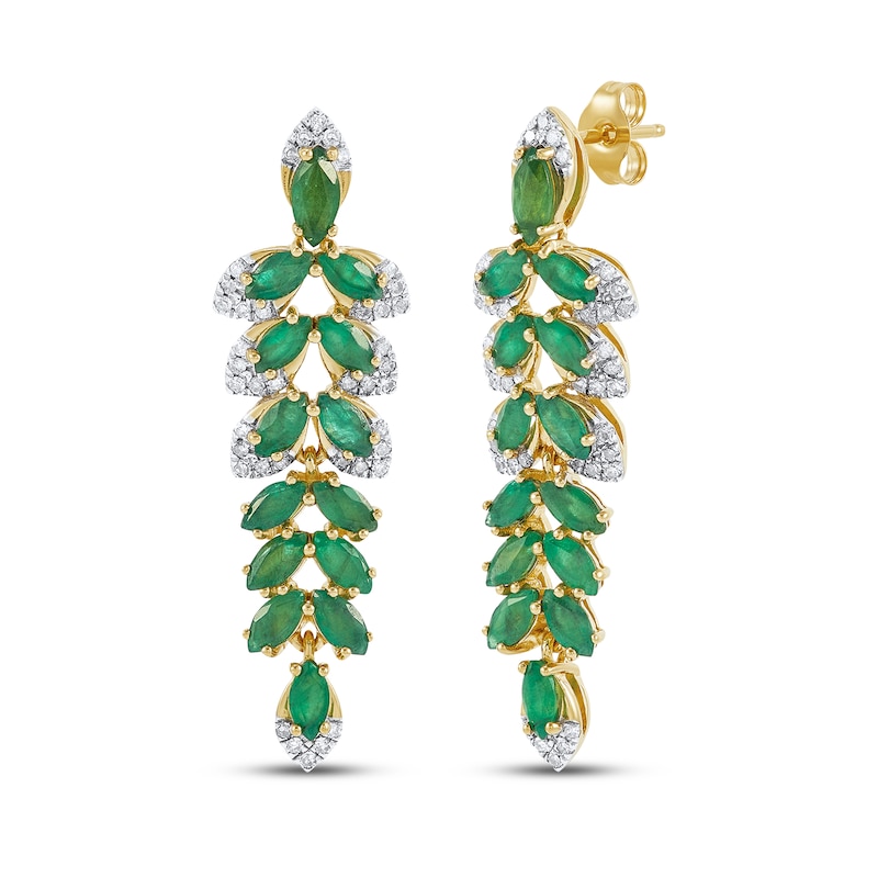 Main Image 1 of Marquise-Cut Natural Emerald & Diamond Leaf Cascade Earrings 1/4 ct tw 14K Yellow Gold