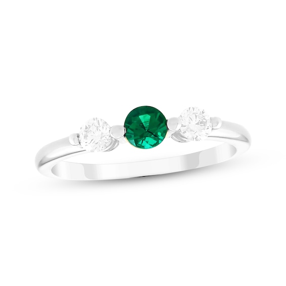 Lab-Created Emerald & White Lab-Created Sapphire Three-Stone Ring Sterling Silver