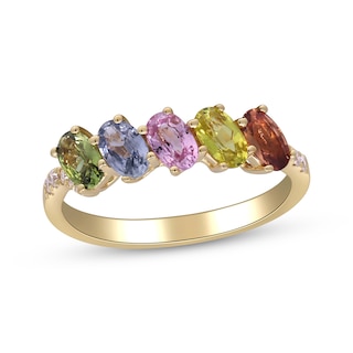 Oval-Cut Multicolor Sapphire & Diamond Five-Stone Ring 1/15 ct tw 10K Yellow Gold