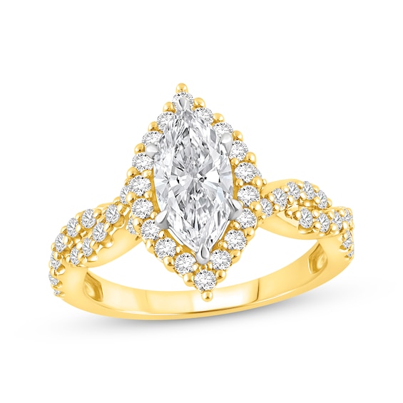Now + Forever Lab-Grown Diamonds Marquise-Cut Halo Twist Engagement Ring 1-1/2 ct tw 14K Yellow Gold