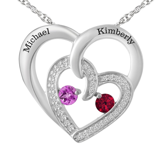 1/10 ct tw Diamond and Couple's Birthstone Necklace (2 Stones and Lines)
