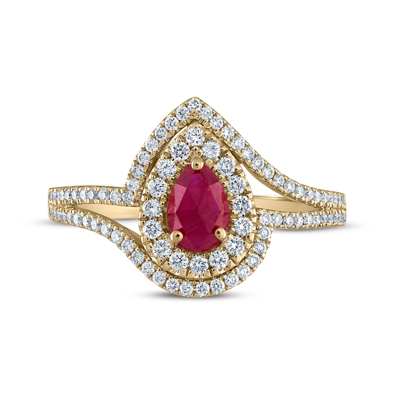 Greenland Rubies Collection Pear-Shaped Natural Ruby & Lab-Created Diamond Ring 3/8 ct tw 14K Yellow Gold
