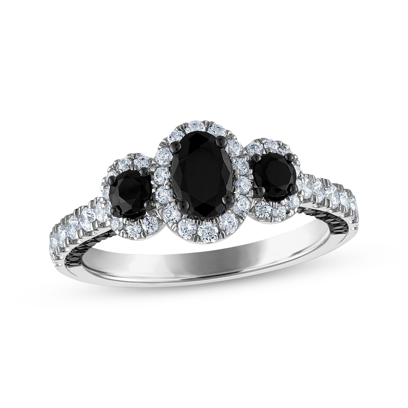 Oval-Cut Black & White Diamond Three-Stone Halo Engagement Ring 1-1/2 ct tw 14K White Gold